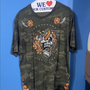 Affliction Men's Green Camouflage Snake Skull Tee